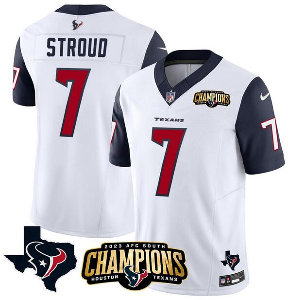 Men's Houston Texans #7 C.J. Stroud White/Navy 2023 F.U.S.E. AFC South Champions Patch And Team Logo Patch Vapor Untouchable Limited Stitched Football Jersey